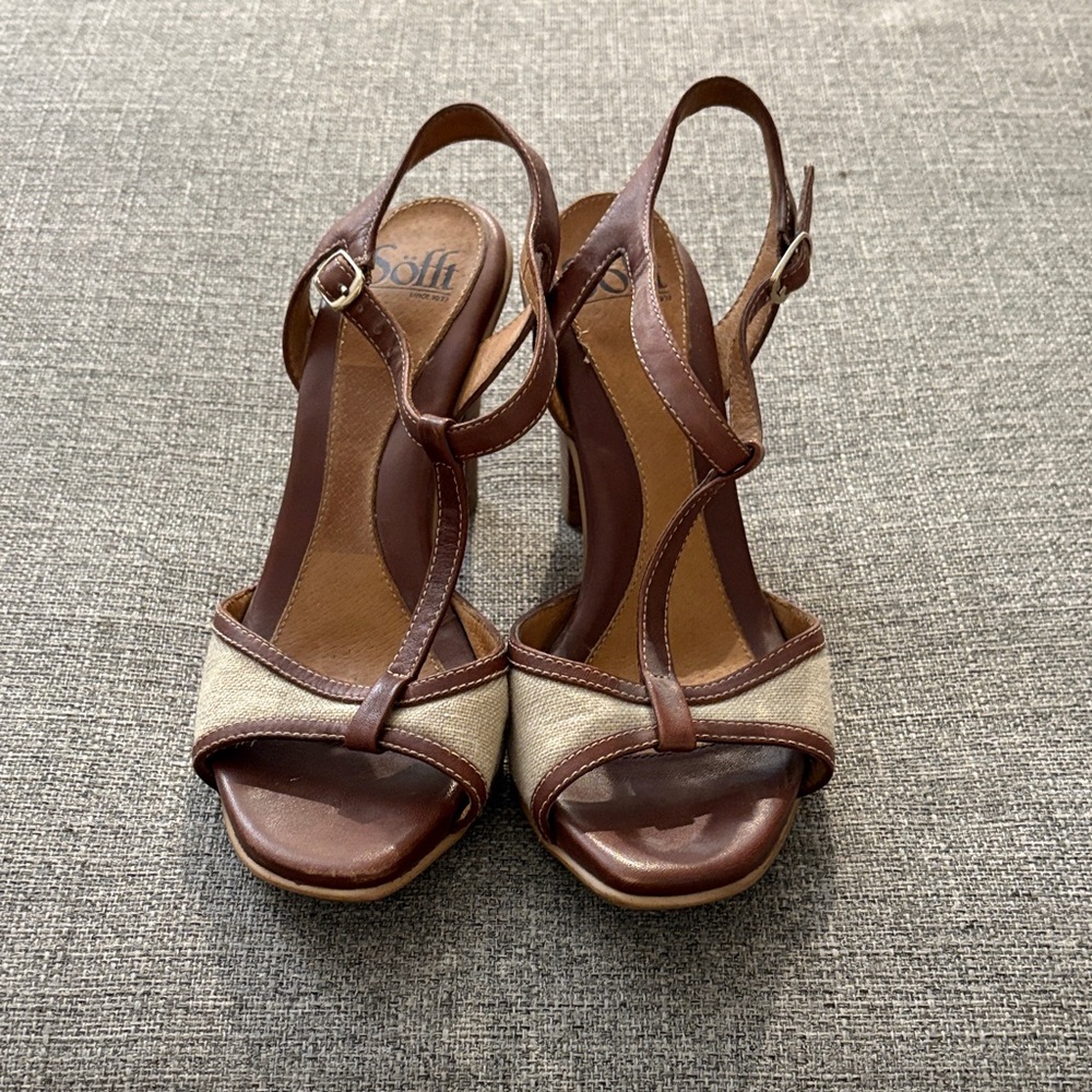 Sofft Brown Leather and Cream Canvas Slingback Heels